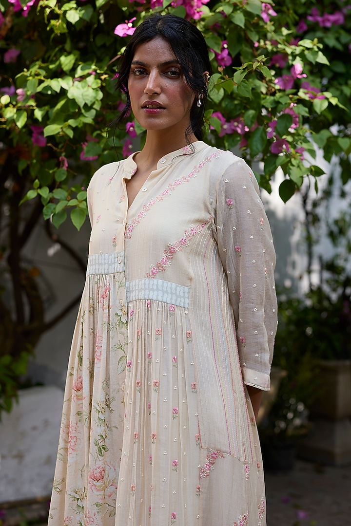 Ecru & Peach Khadi & Silk Printed Tunic by Khyati Rughani at Pernia's Pop Up Shop