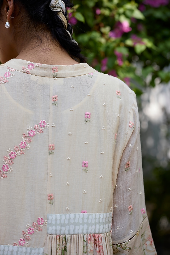 Ecru & Peach Khadi & Silk Printed Tunic by Khyati Rughani at Pernia's Pop Up Shop