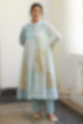 Blue Khadi Patchwork & Printed Kurta by Khyati Rughani at Pernia's Pop Up Shop