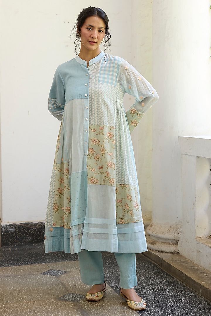 Blue Khadi Patchwork & Printed Kurta by Khyati Rughani at Pernia's Pop Up Shop