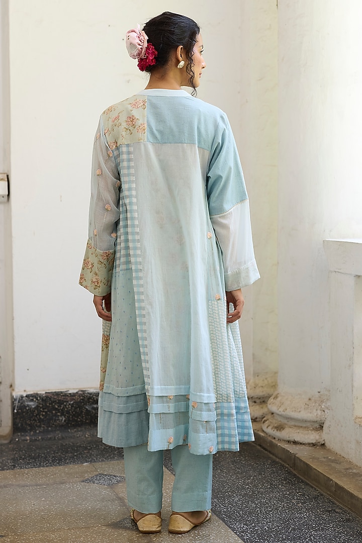 Blue Khadi Patchwork & Printed Kurta by Khyati Rughani at Pernia's Pop Up Shop