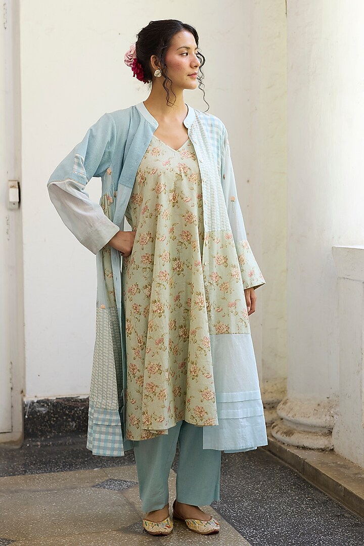 Blue Khadi Patchwork & Printed Kurta by Khyati Rughani at Pernia's Pop Up Shop