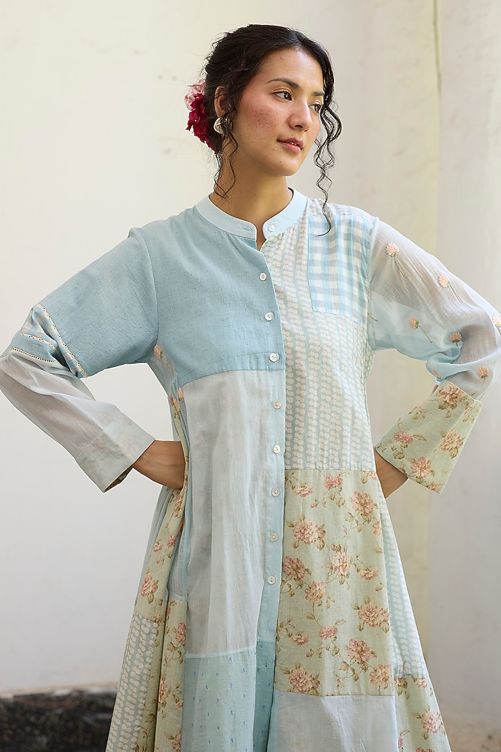 Blue Khadi Patchwork & Printed Kurta by Khyati Rughani at Pernia's Pop Up Shop