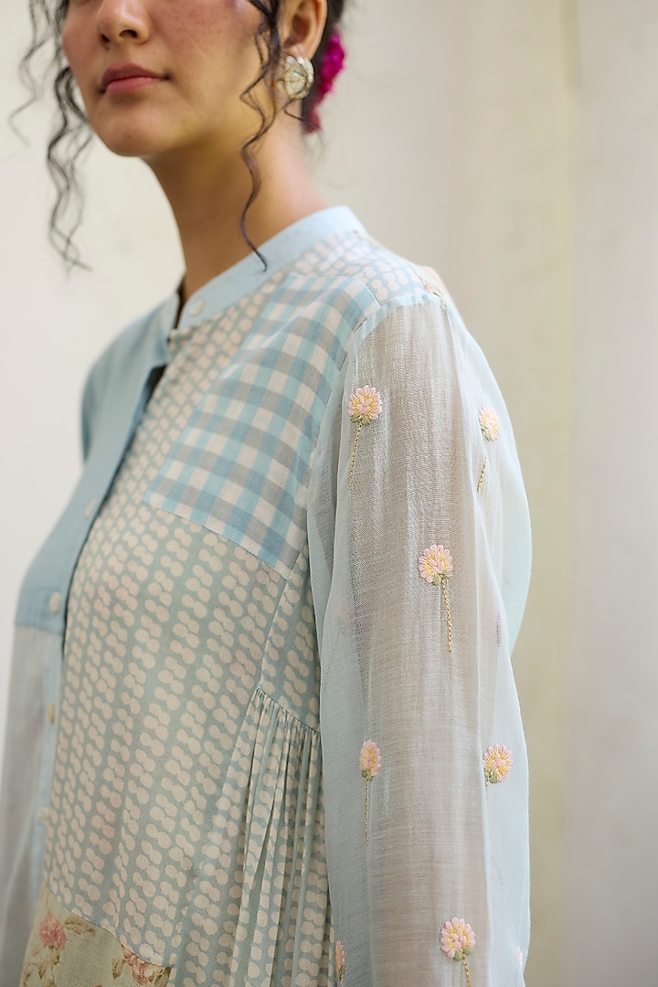 Blue Khadi Patchwork & Printed Kurta by Khyati Rughani at Pernia's Pop Up Shop