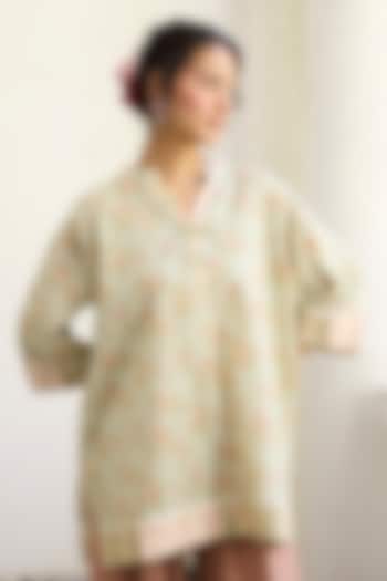Blue & Peach Khadi Floral Printed Short Kurta by Khyati Rughani at Pernia's Pop Up Shop