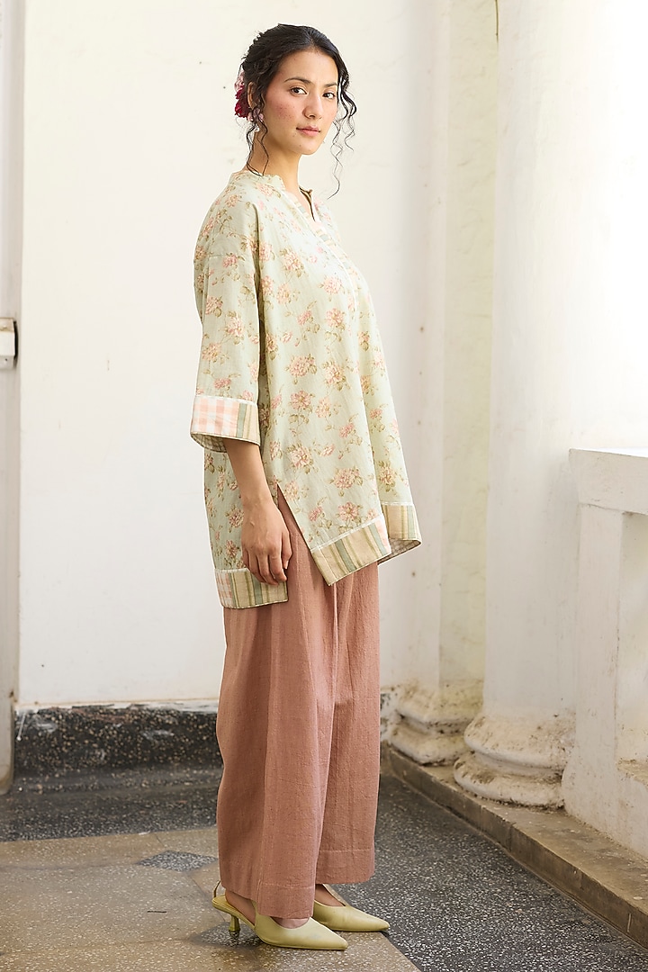 Blue & Peach Khadi Floral Printed Short Kurta by Khyati Rughani at Pernia's Pop Up Shop