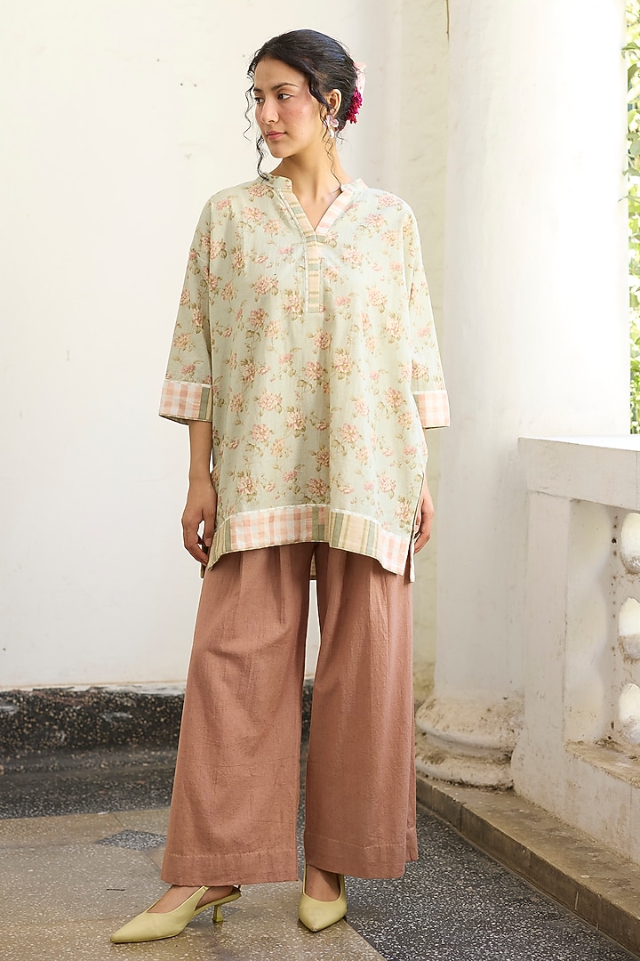 Blue & Peach Khadi Floral Printed Short Kurta by Khyati Rughani at Pernia's Pop Up Shop