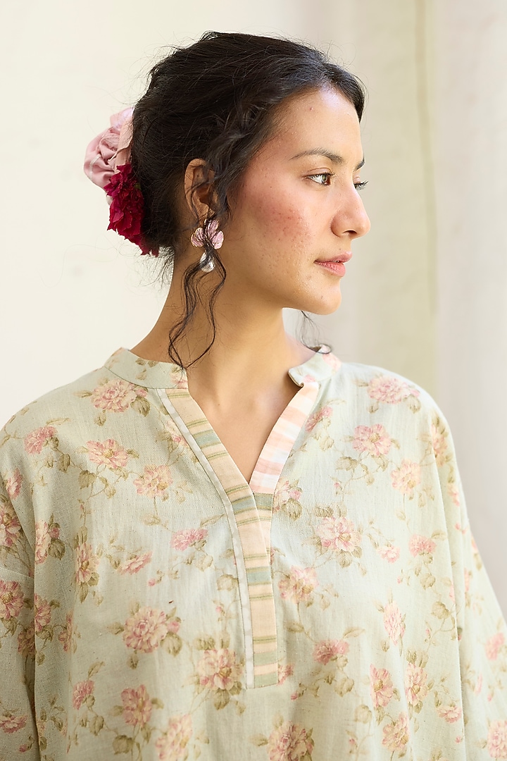Blue & Peach Khadi Floral Printed Short Kurta by Khyati Rughani at Pernia's Pop Up Shop