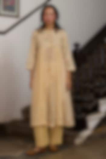 Ecru & Yellow Khadi & Silk Embroidered Kurta by Khyati Rughani at Pernia's Pop Up Shop