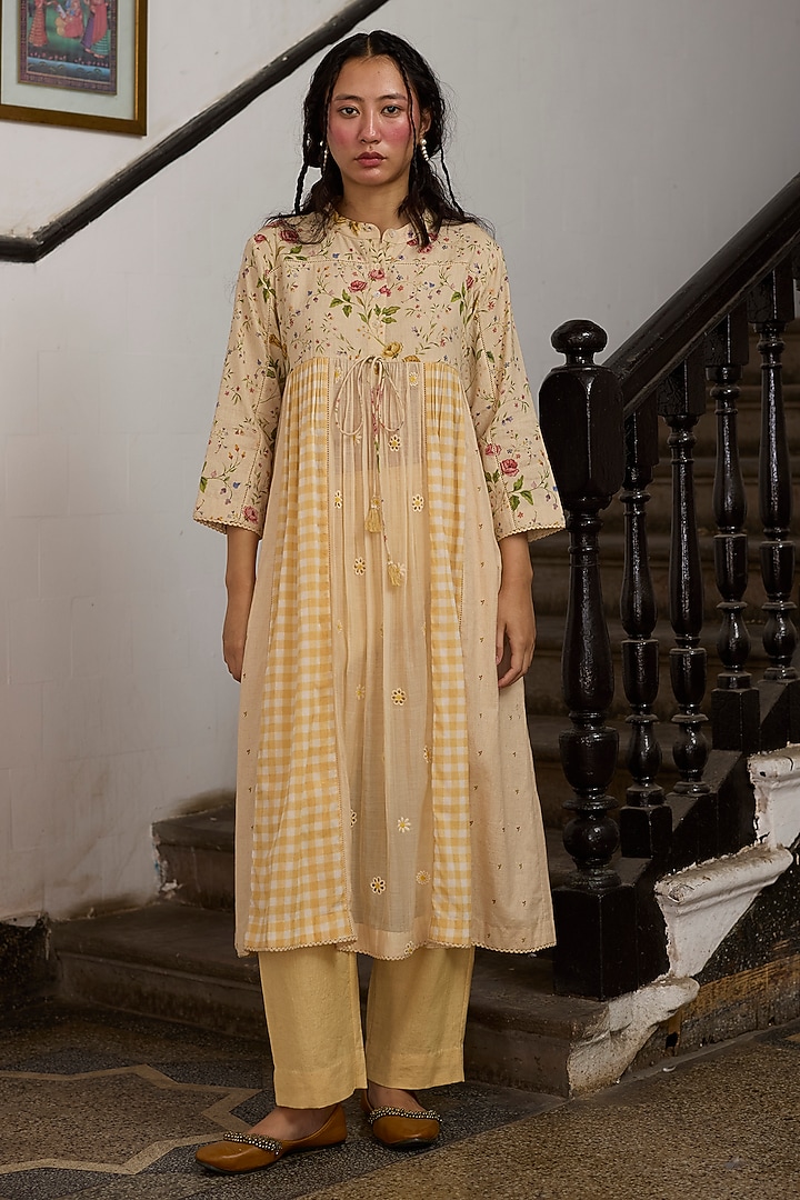 Ecru & Yellow Khadi & Silk Embroidered Kurta by Khyati Rughani at Pernia's Pop Up Shop