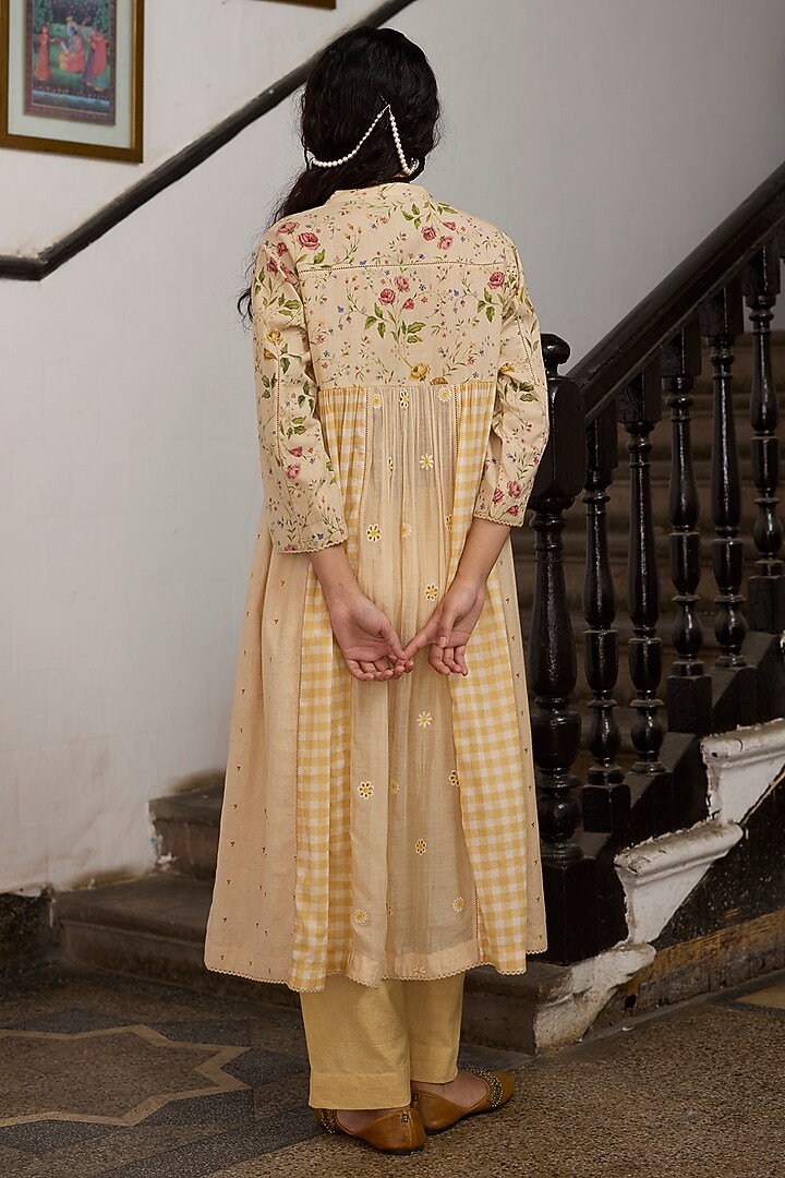 Ecru & Yellow Khadi & Silk Embroidered Kurta by Khyati Rughani at Pernia's Pop Up Shop