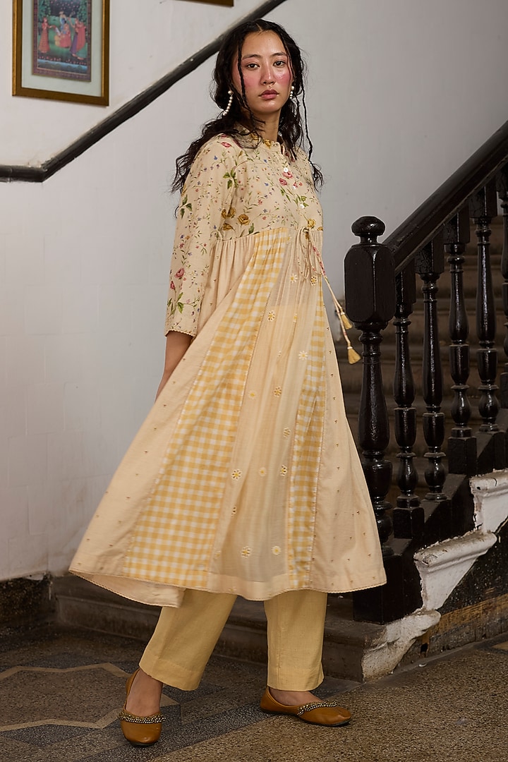 Ecru & Yellow Khadi & Silk Embroidered Kurta by Khyati Rughani at Pernia's Pop Up Shop