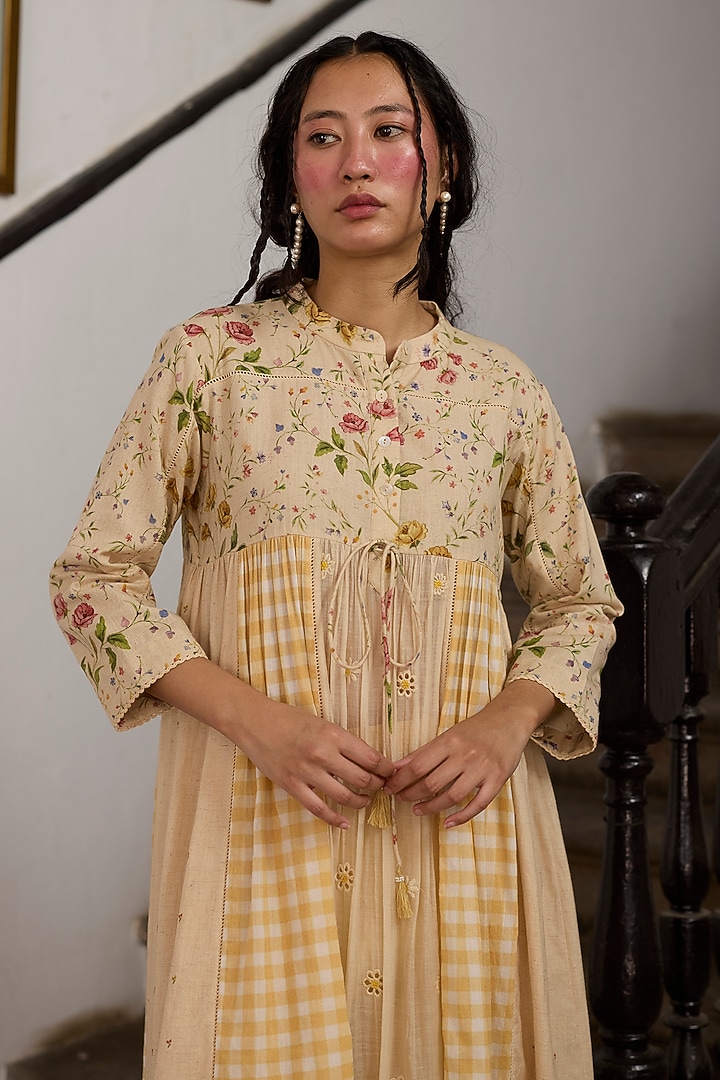 Ecru & Yellow Khadi & Silk Embroidered Kurta by Khyati Rughani at Pernia's Pop Up Shop