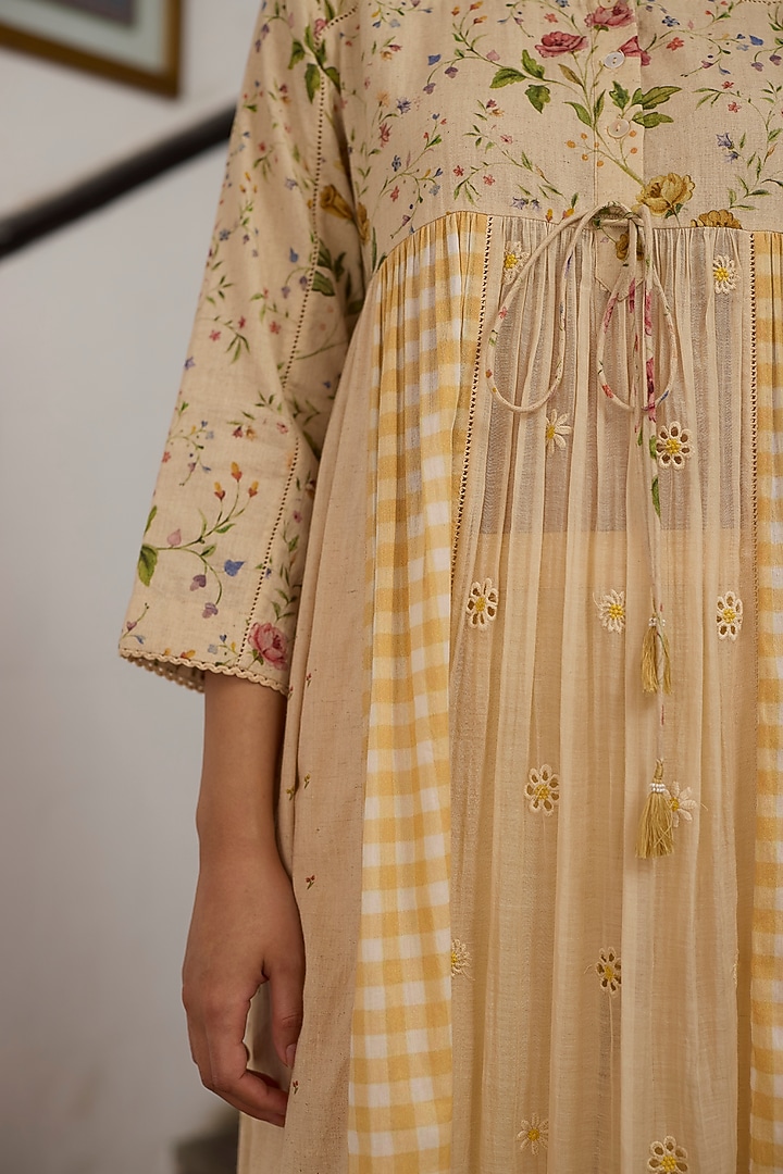 Ecru & Yellow Khadi & Silk Embroidered Kurta by Khyati Rughani at Pernia's Pop Up Shop