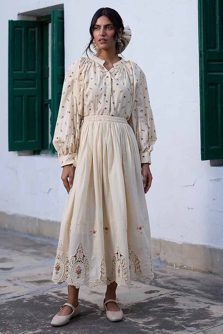 Ecru & Red Khadi Ditsy Printed Shirt by Khyati Rughani at Pernia's Pop Up Shop