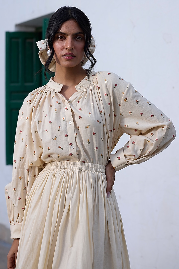 Ecru & Red Khadi Ditsy Printed Shirt by Khyati Rughani at Pernia's Pop Up Shop
