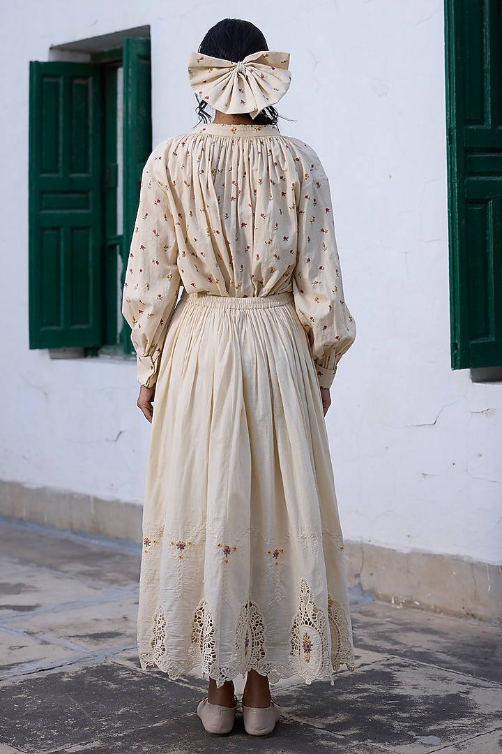 Ecru & Red Cotton Cutwork Embroidered Skirt by Khyati Rughani at Pernia's Pop Up Shop