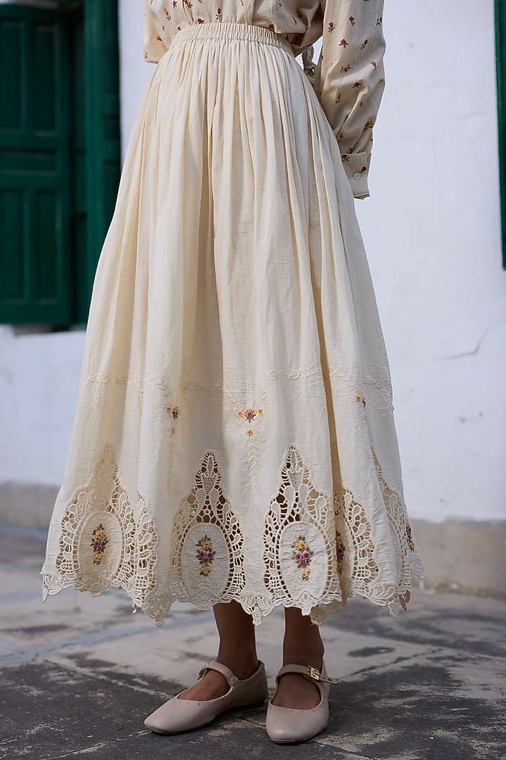 Ecru & Red Cotton Cutwork Embroidered Skirt by Khyati Rughani at Pernia's Pop Up Shop