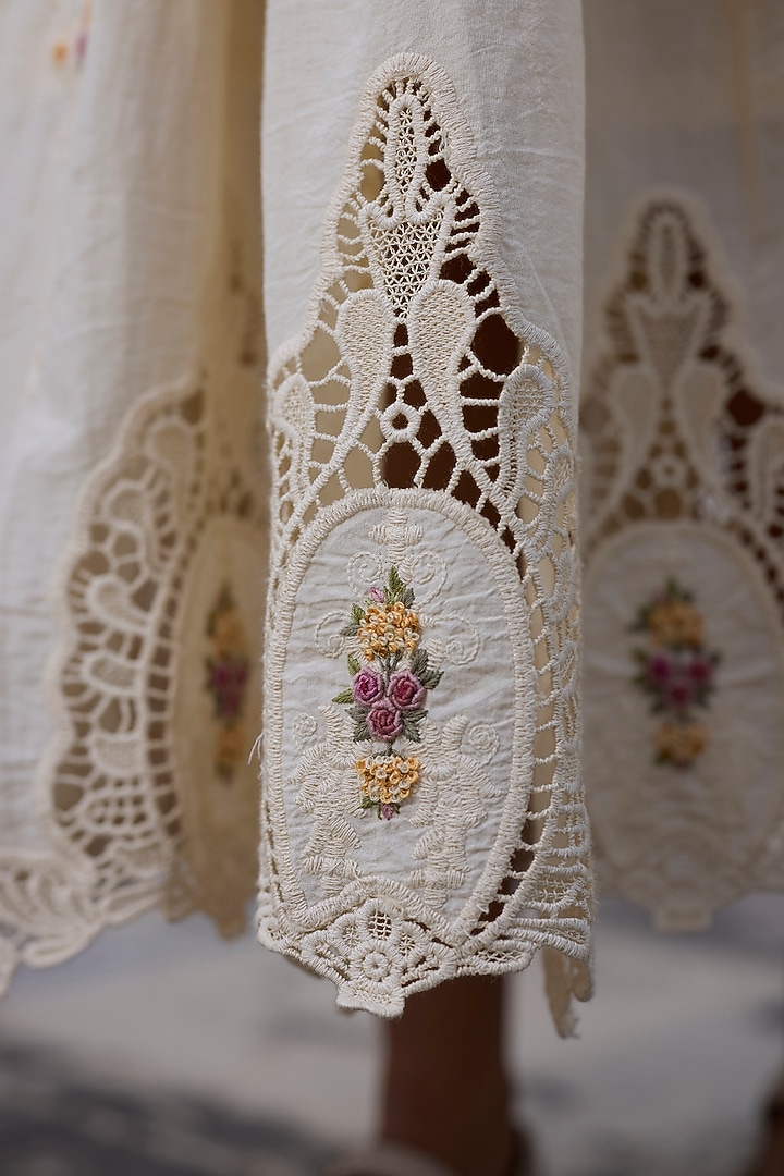 Ecru & Red Cotton Cutwork Embroidered Skirt by Khyati Rughani at Pernia's Pop Up Shop