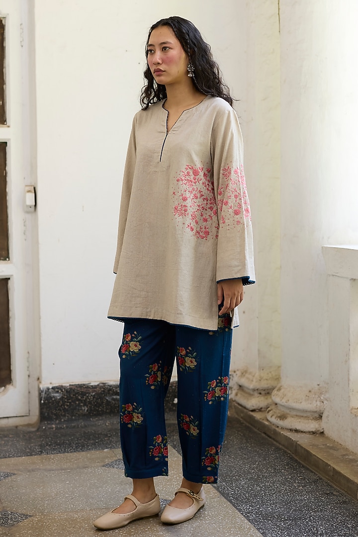 Grey Khadi Floral Embroidered Short Kurta by Khyati Rughani at Pernia's Pop Up Shop