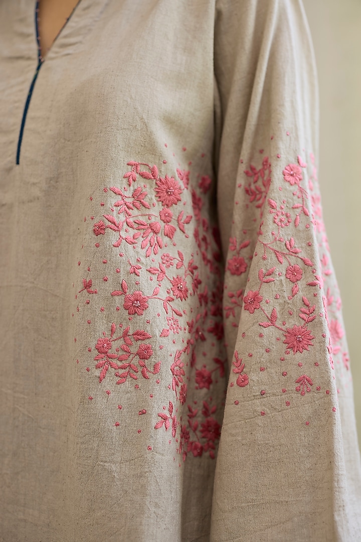 Grey Khadi Floral Embroidered Short Kurta by Khyati Rughani at Pernia's Pop Up Shop