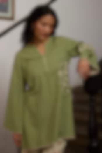 Green Khadi Floral Embroidered Short Kurta by Khyati Rughani at Pernia's Pop Up Shop