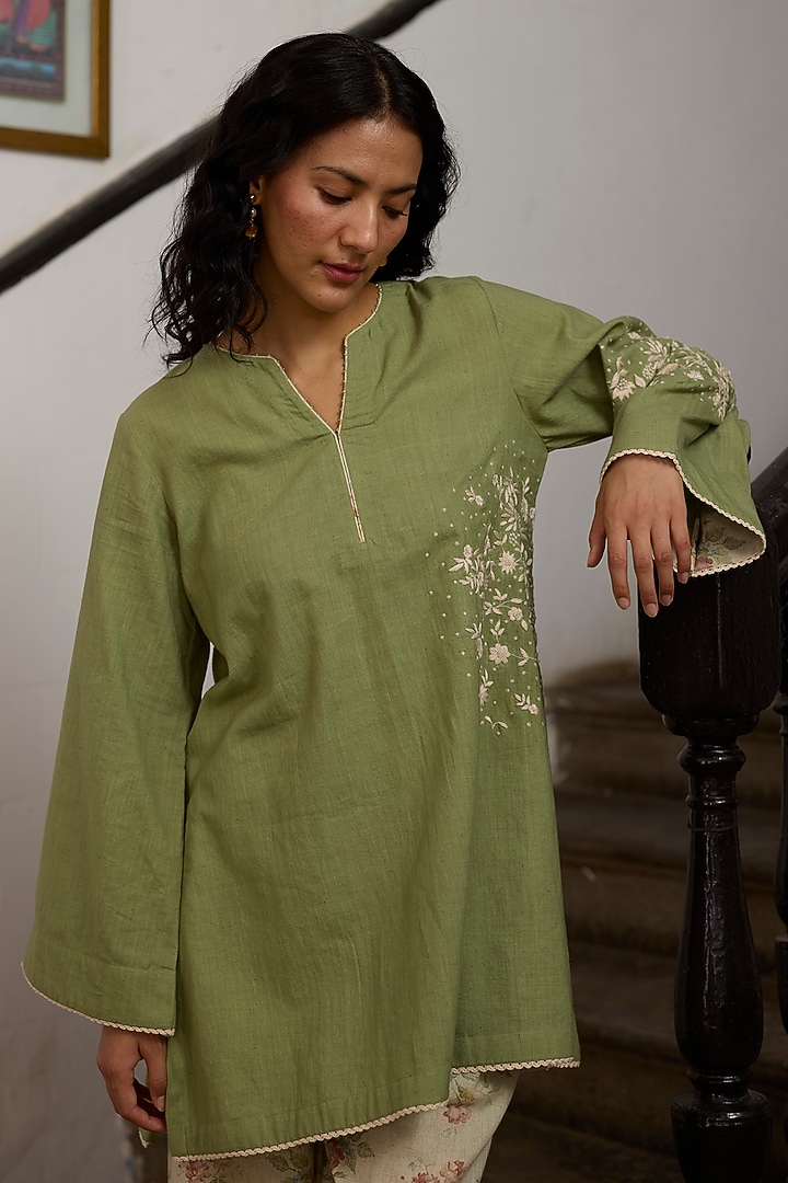 Green Khadi Floral Embroidered Short Kurta by Khyati Rughani at Pernia's Pop Up Shop