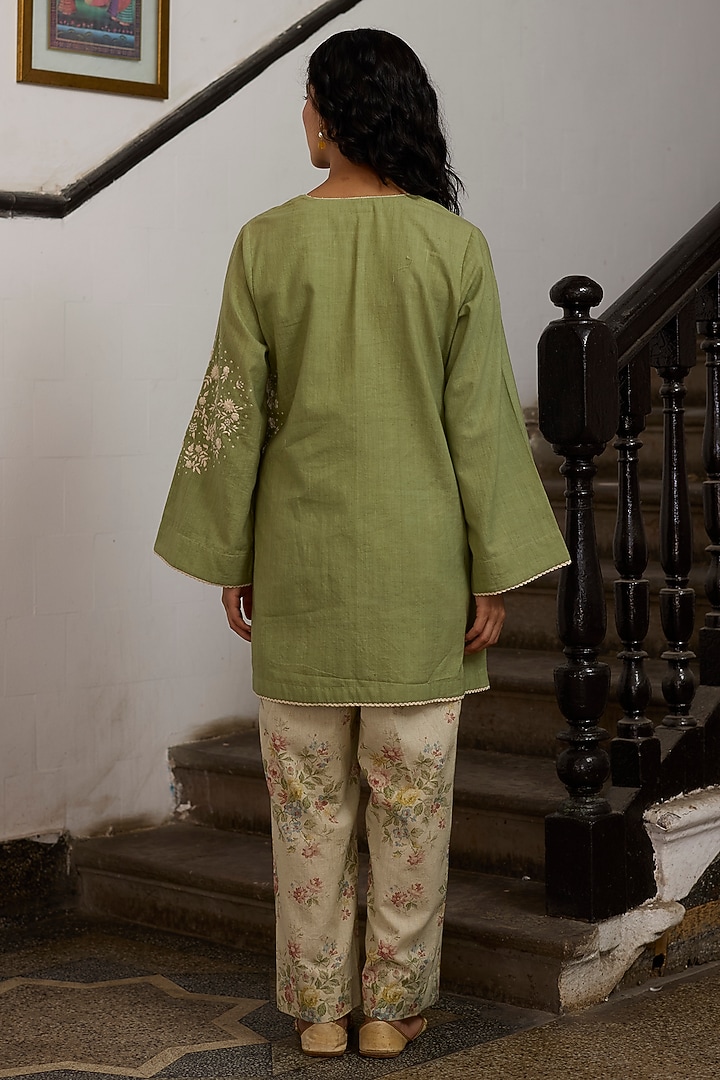 Green Khadi Floral Embroidered Short Kurta by Khyati Rughani at Pernia's Pop Up Shop