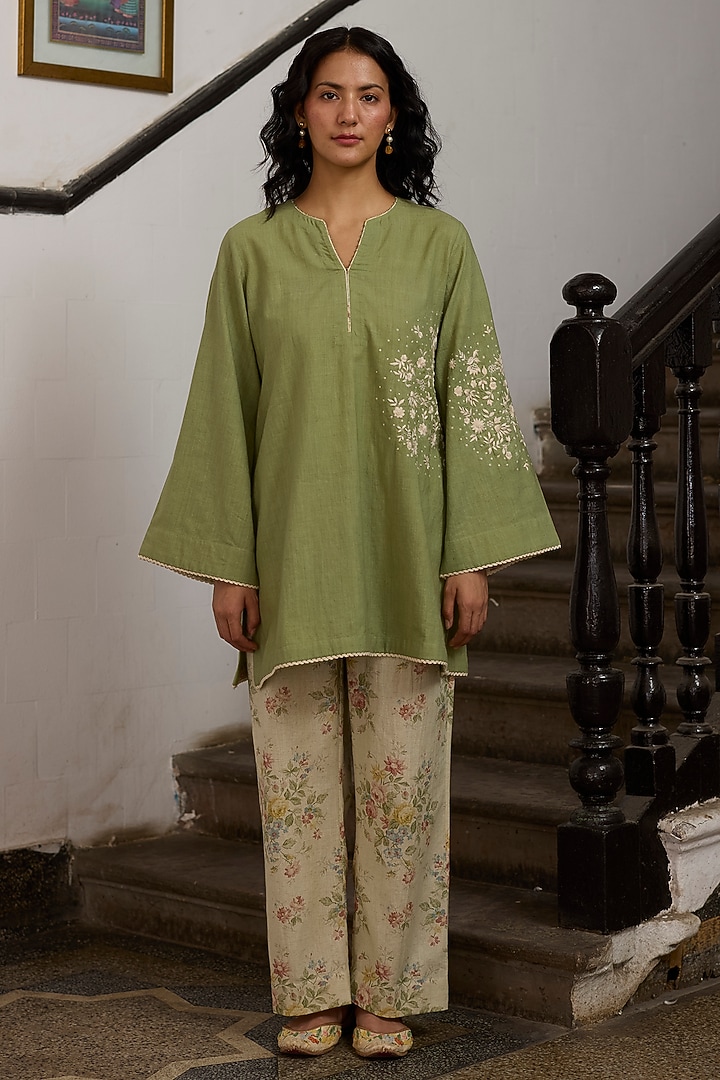 Green Khadi Floral Embroidered Short Kurta by Khyati Rughani at Pernia's Pop Up Shop