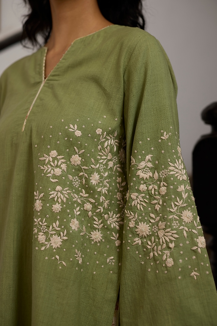 Green Khadi Floral Embroidered Short Kurta by Khyati Rughani at Pernia's Pop Up Shop