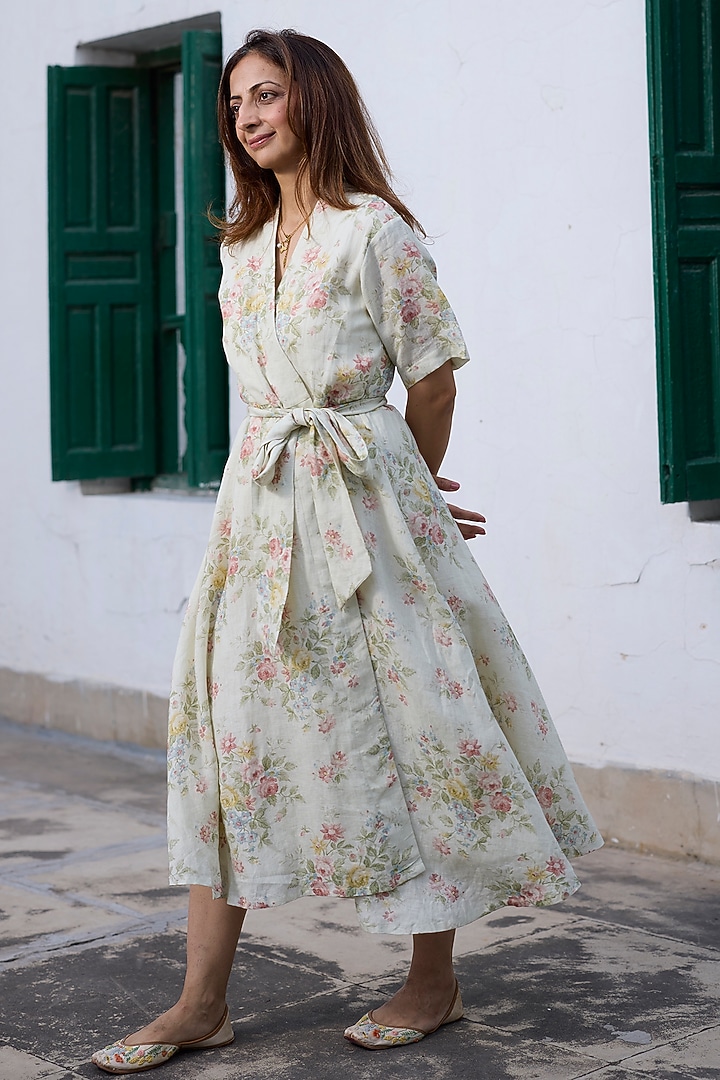 Green Khadi Striped Straight Vacation Dress by Khyati Rughani at Pernia's Pop Up Shop