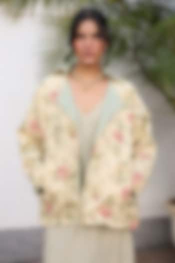 Green & Peach Khadi Floral Printed Reversible Open Jacket by Khyati Rughani at Pernia's Pop Up Shop