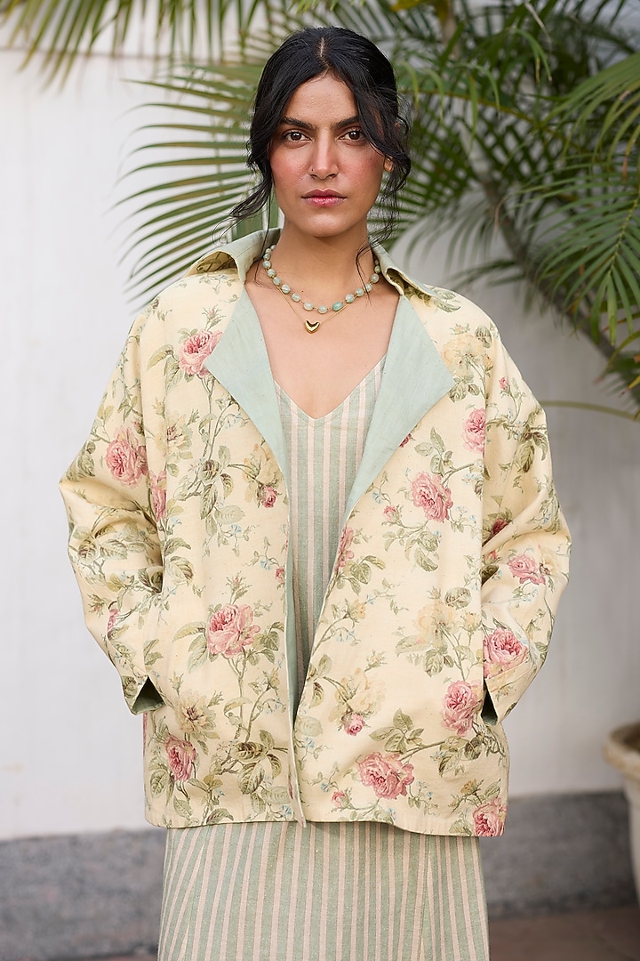 Green & Peach Khadi Floral Printed Reversible Open Jacket by Khyati Rughani at Pernia's Pop Up Shop