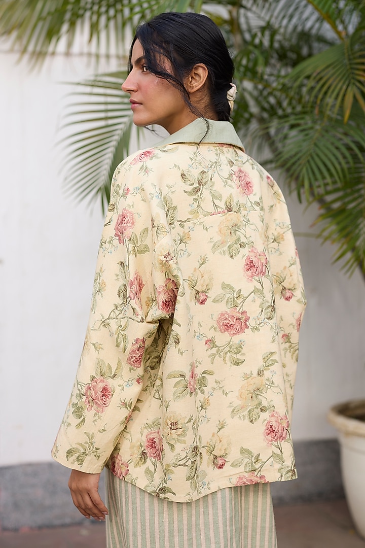 Green & Peach Khadi Floral Printed Reversible Open Jacket by Khyati Rughani at Pernia's Pop Up Shop