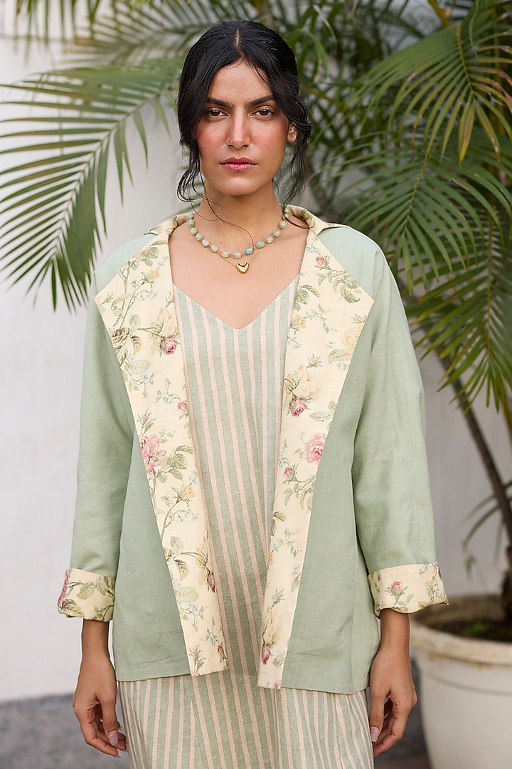 Green & Peach Khadi Floral Printed Reversible Open Jacket by Khyati Rughani at Pernia's Pop Up Shop