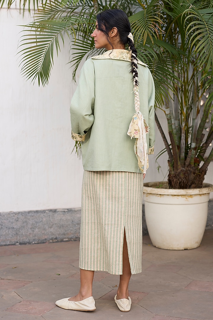 Green & Peach Khadi Floral Printed Reversible Open Jacket by Khyati Rughani at Pernia's Pop Up Shop