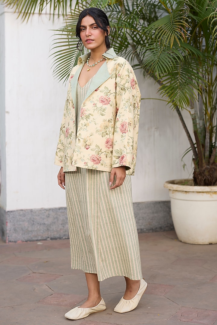 Green & Peach Khadi Floral Printed Reversible Open Jacket by Khyati Rughani at Pernia's Pop Up Shop