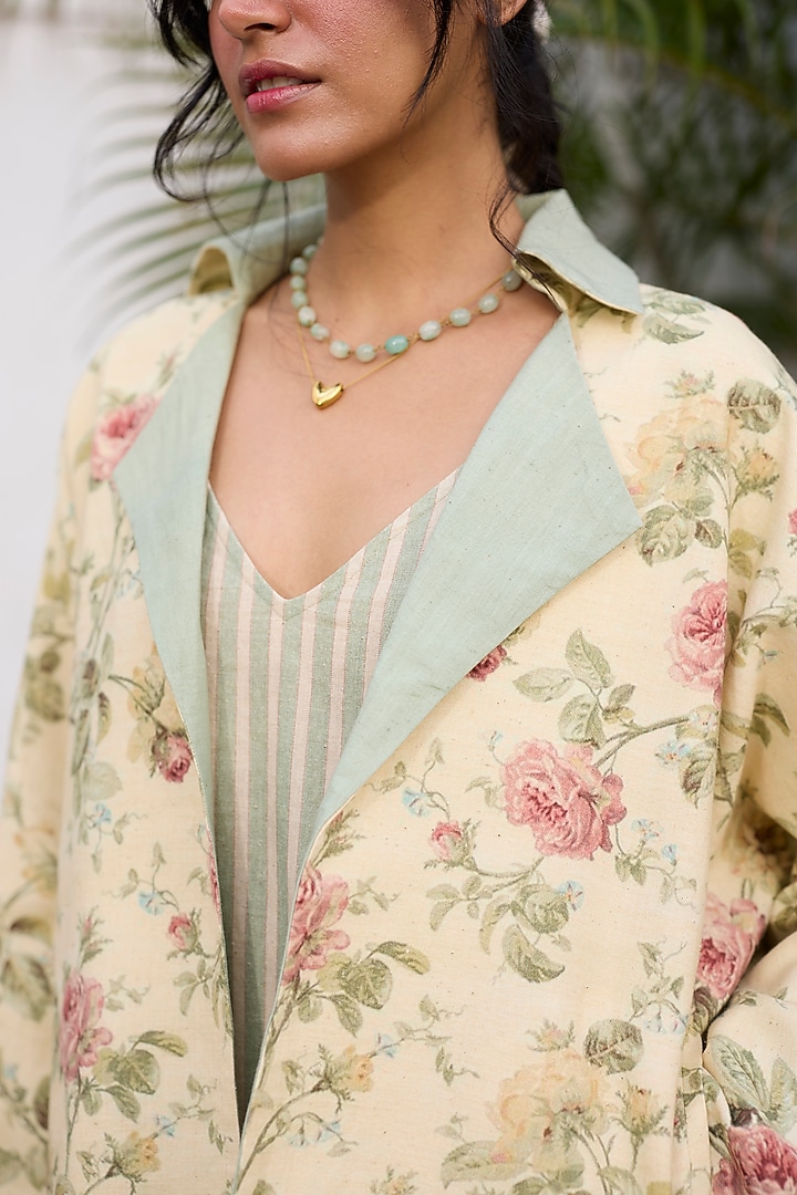 Green & Peach Khadi Floral Printed Reversible Open Jacket by Khyati Rughani at Pernia's Pop Up Shop