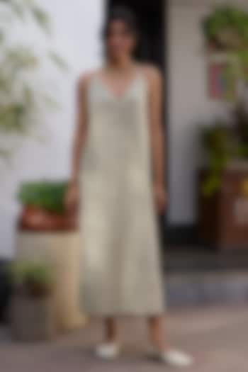 Off-White Linen Khadi Floral Printed Midi Summer Dress by Khyati Rughani at Pernia's Pop Up Shop