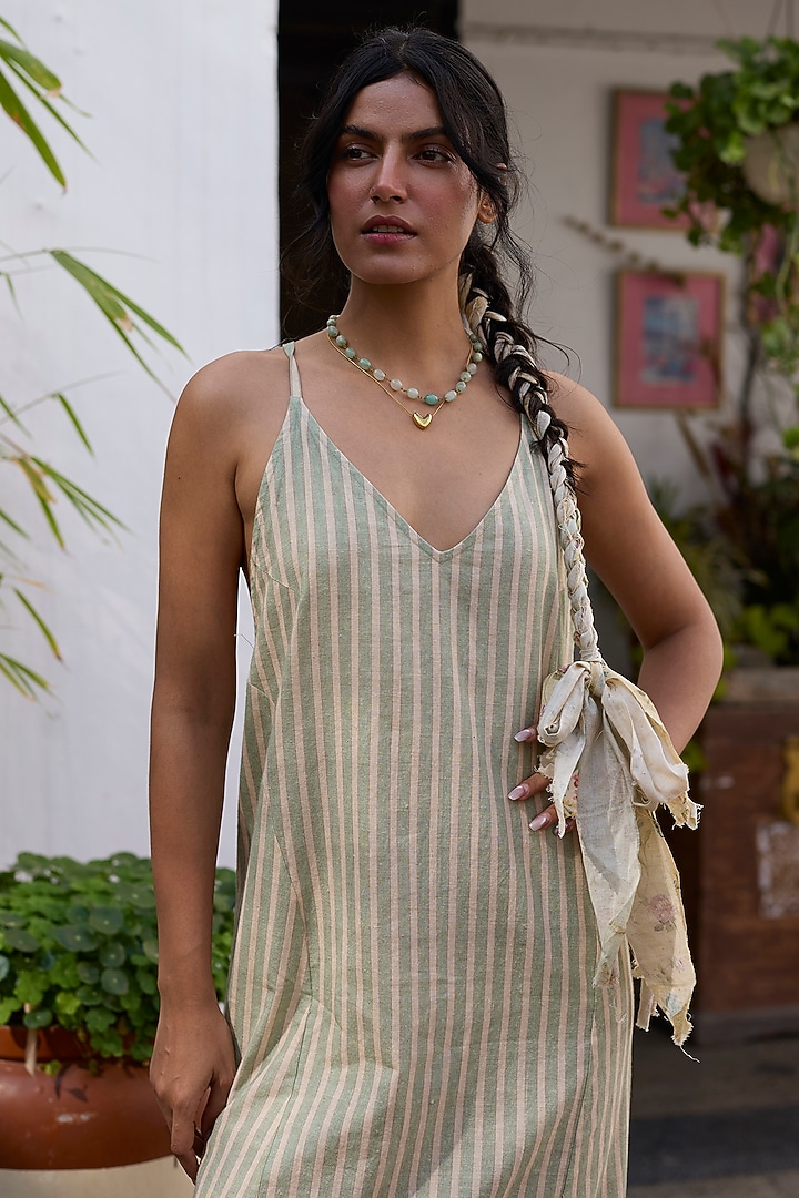 Off-White Linen Khadi Floral Printed Midi Summer Dress by Khyati Rughani at Pernia's Pop Up Shop