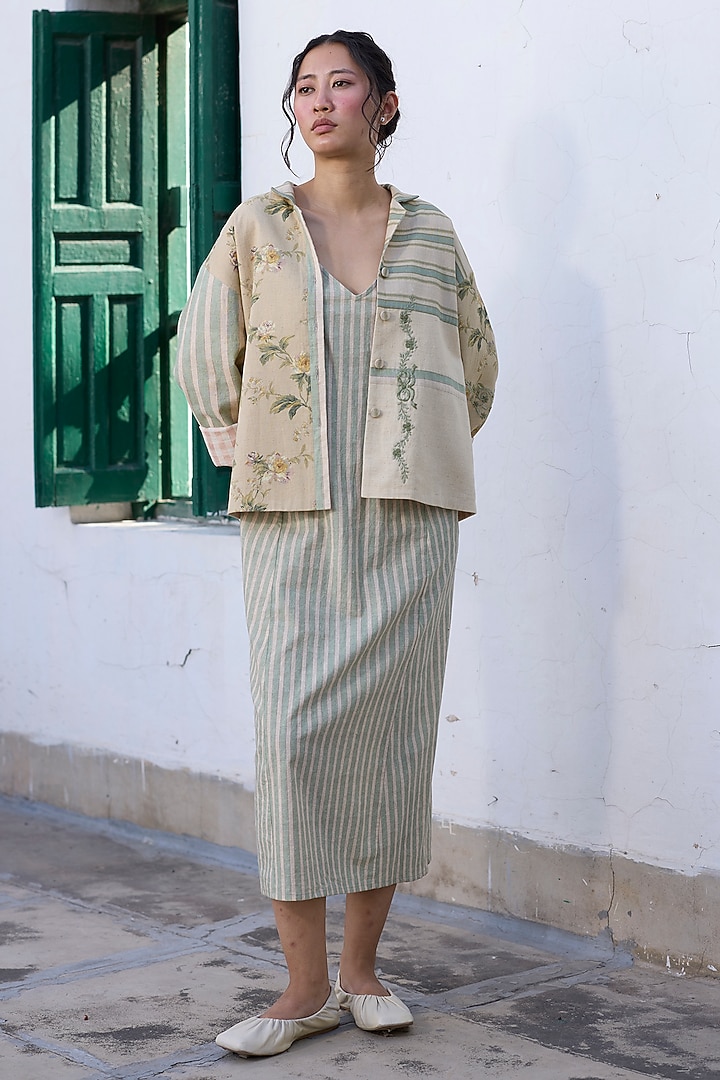 Green Khadi Printed Short Jacket by Khyati Rughani at Pernia's Pop Up Shop