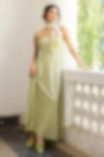 Green Khadi A-Line Ruffled Summer Dress by Khyati Rughani at Pernia's Pop Up Shop