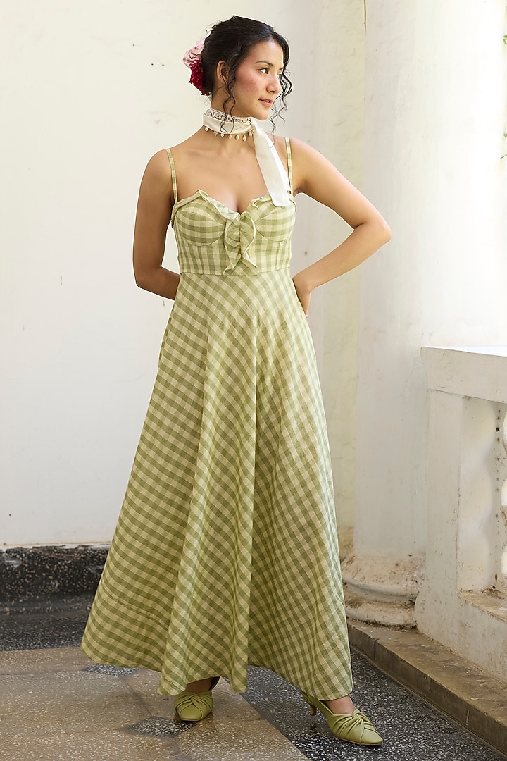 Green Khadi A-Line Ruffled Summer Dress by Khyati Rughani at Pernia's Pop Up Shop