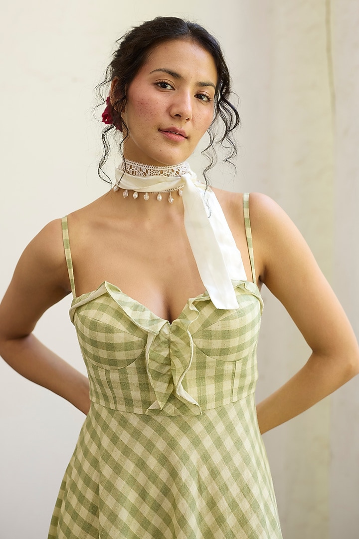 Green Khadi A-Line Ruffled Summer Dress by Khyati Rughani at Pernia's Pop Up Shop