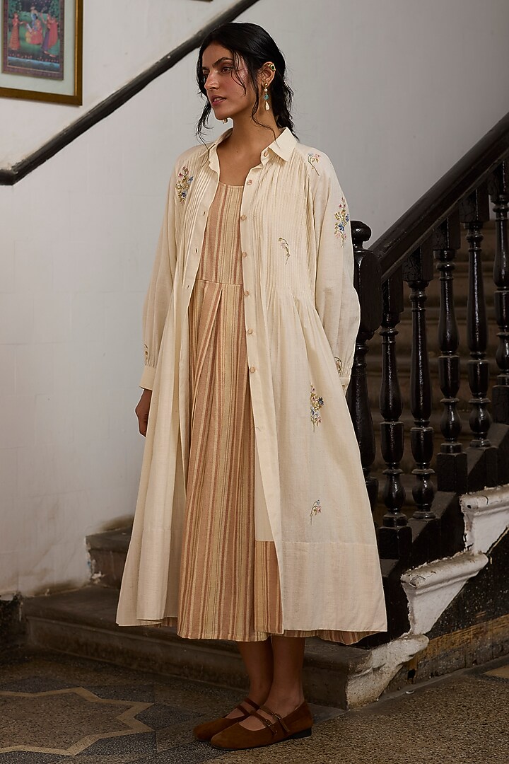 Ecru & Pink Khadi Floral Embroidered Tunic by Khyati Rughani at Pernia's Pop Up Shop