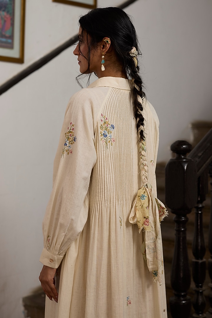 Ecru & Pink Khadi Floral Embroidered Tunic by Khyati Rughani at Pernia's Pop Up Shop