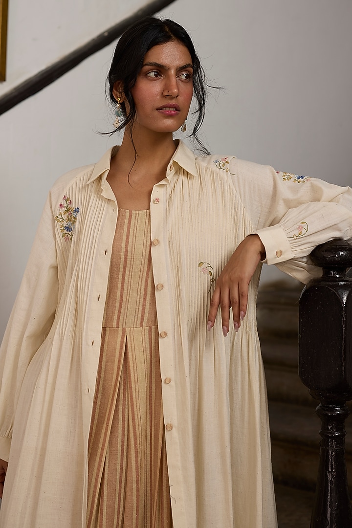Ecru & Pink Khadi Floral Embroidered Tunic by Khyati Rughani at Pernia's Pop Up Shop