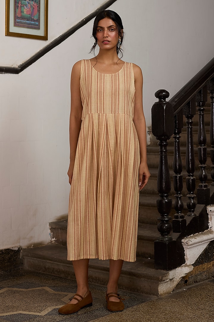 Ecru & Pink Khadi Striped Slip Summer Dress by Khyati Rughani at Pernia's Pop Up Shop