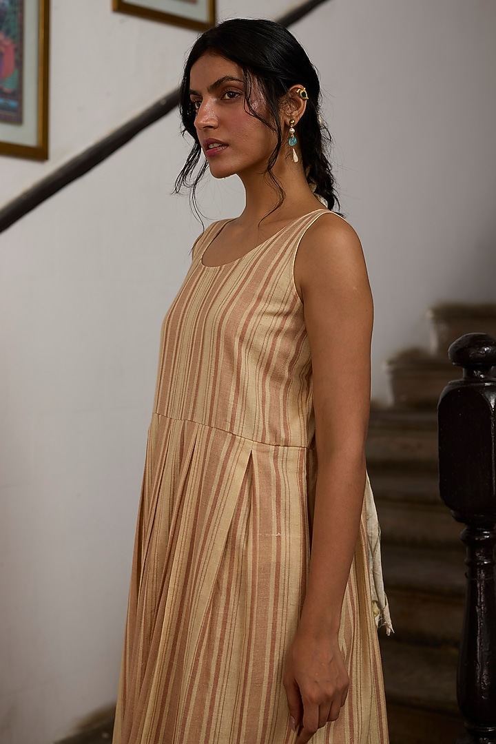 Ecru & Pink Khadi Striped Slip Summer Dress by Khyati Rughani at Pernia's Pop Up Shop