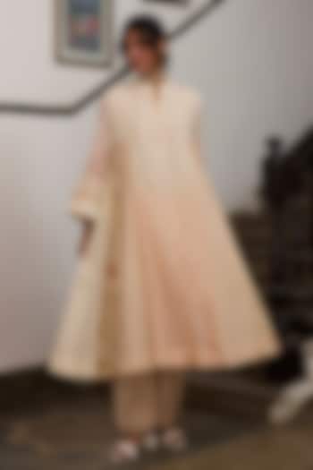 Peach Khadi Gingham Pattern Straight Pants by Khyati Rughani at Pernia's Pop Up Shop